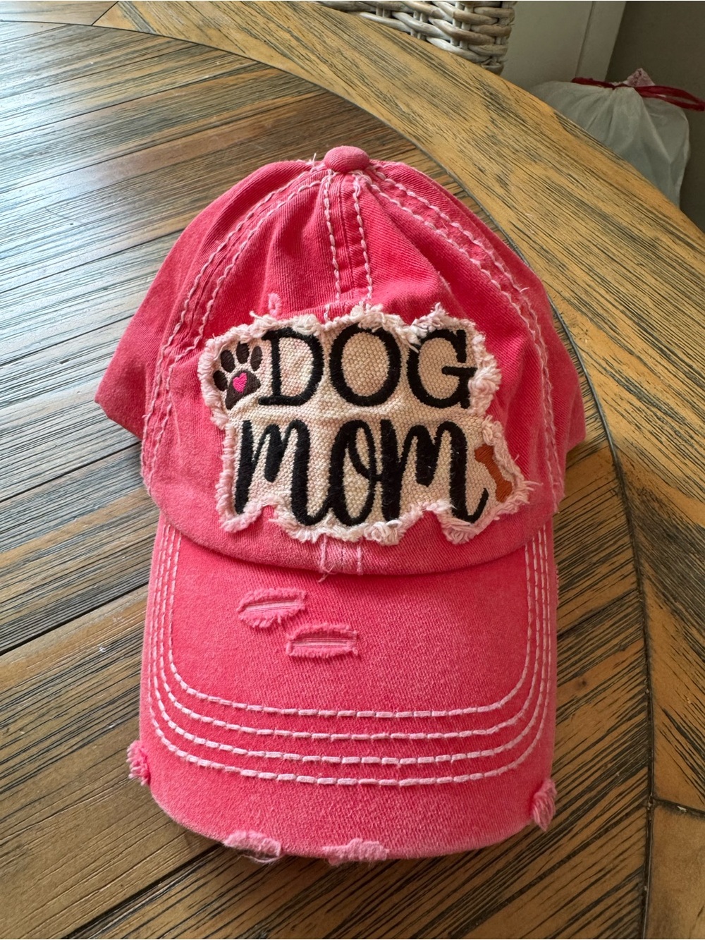 Pink "Dog Mom" Distressed Baseball Cap